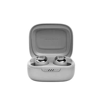 JBL Live Free 2: 35 Hours of Playtime, True Adaptive Noise Cancelling, Smart Ambient, and beamforming mics (Silver), Small