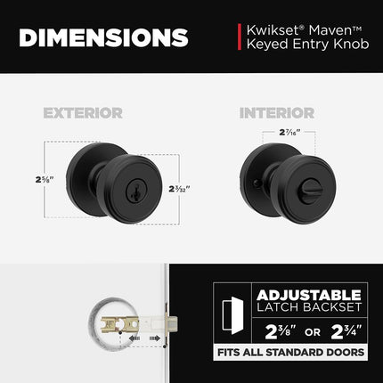 Kwikset Maven Entry Door Knob with Lock and Key, Secure Keyed Handle Exterior, Front Entrance and Bedroom, Matte Black, Pick Resistant SmartKey Rekey Security and Microban