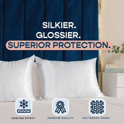 Sweet Dreams 2-Pack Luxury Satin Pillowcase with Zipper, Queen Size, White (Silky Satin Pillow Case for Hair) by Shop Bedding