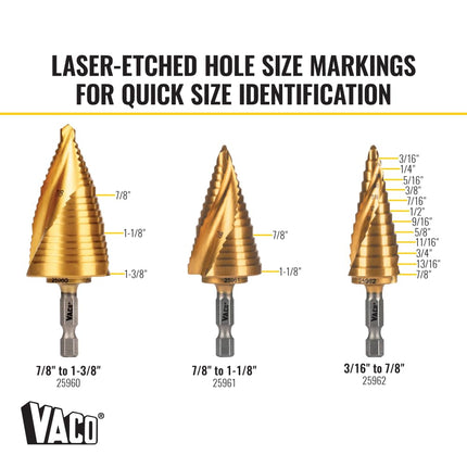 Klein Tools 25951 Electrician's Step Drill Bit Set, Spiral Double Fluted, Titanium Nitride Coating, 1/4-Inch Impact Shank, Case, 3-Piece