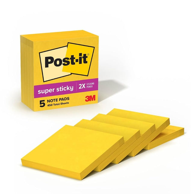 Post-it Super Sticky Notes, 3x3 in, 5 Pads, 2X The Sticking Power, Electric Yellow, Recyclable(654-5SSY)