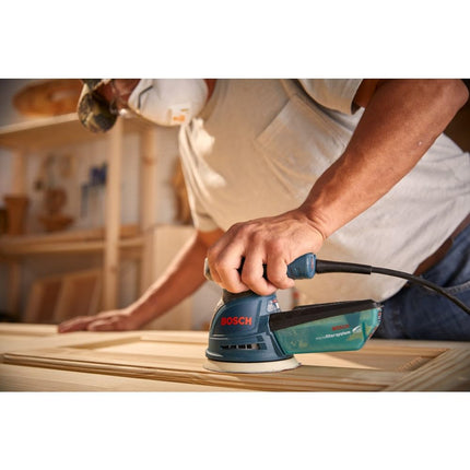 BOSCH ROS20VSC Palm Sander 2.5 Amp 5 Inch Corded Variable Speed Random Orbital Sander, Polisher Kit with Dust Collector and Soft Carrying Bag