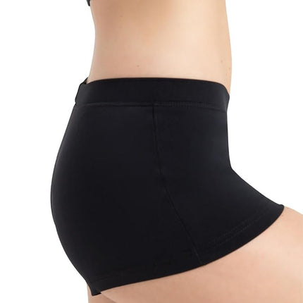Capezio Boy Cut Low Rise Shorts, TB113 Mini Yoga Shorts for Women, Micro Short Activewear for Dance, Workouts, Gym, Exercise, Hot Pants, Black, Large