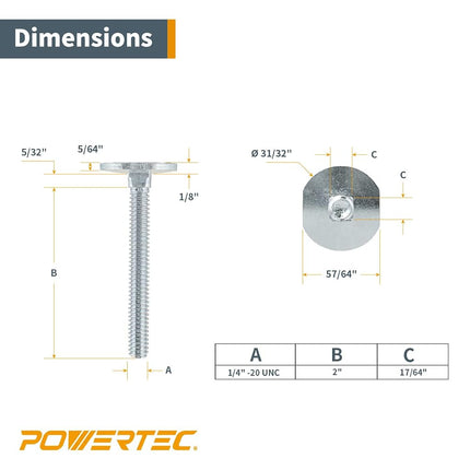 POWERTEC 71614 Miter T Locking Bolts for Miter Slots 3/4" x 3/8", Thread Size 1/4"-20, 2" Long, 10PK