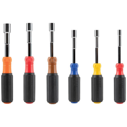 Klein Tools 65411 Hollow-Shaft Nut Driver Set, Heavy-Duty, Color-Coded Hex Sizes 1/4 to 9/16-Inch, Cushion-Grip Handles, 6-Piece