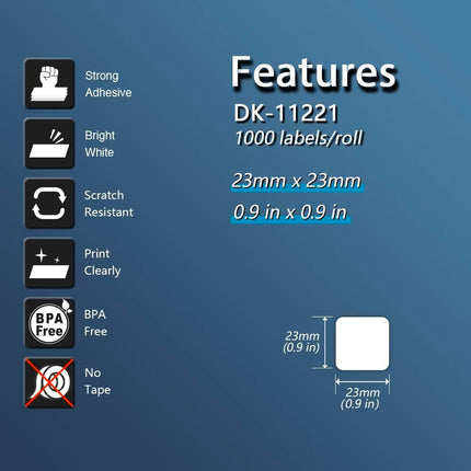 BETCKEY - Compatible DK-1221 Square 10/11" X 10/11"(23mm x 23mm) Replacement Labels,Compatible with Brother QL Label Printers [6 Rolls/6000 Labels + 6 Refillable Cartridge Frame]