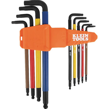 KLEIN TOOLS BLS9 9-Piece Extra-Long Hex Key Set, SAE Color-Coded L Style Ball-End Keys with Caddy, Heat-Treated, Sizes 7/64-Inch to 3/8-Inch