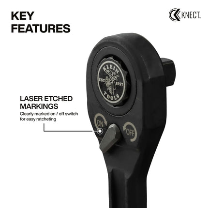 Klein Tools 65408ADP KNECT (M) Pass Through Ratchet and 3/8-Inch Socket Adapter Set, 90-Tooth Wrench for Extended Threaded Rods, Compact and Comfortable Grip, Traditional Socket Compatibility