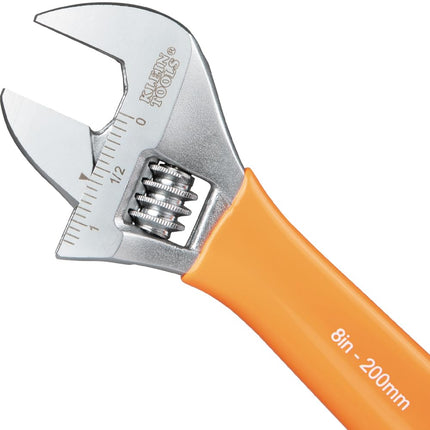 KLEIN TOOLS O5078 Adjustable Wrench, Precision Forged 1 1/2-Inch Extra-Capacity Jaw, SAE and Metric Scales, Plastic-Dipped Handle, 8-Inch