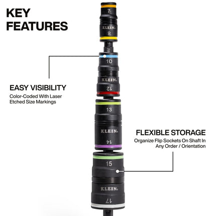 Klein Tools 32934M Impact Driver, 8-in-1 Metric Socket Set, 4 Flip Sockets with 7, 8, 10, 12, 13, 14, 15 and 17mm Nut Driver Sizes, Impact Rated 6-1/2-Inch Shaft