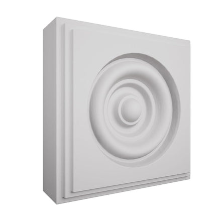 3 1/2"W x 3 1/2"H x 7/8"P Americraft Solid Paint Grade Wood Square Rosette with Center Bullseye with Decorative Edge, Primed Pine