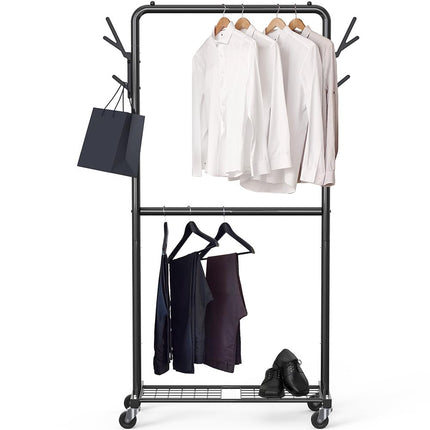 Simple Houseware 100-cm Double Rod Clothes Rack with Wheels, Hooks & Shelf