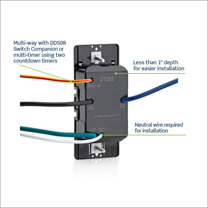 Leviton Countdown Switch for Lights, attic, heaters, Pool Pumps, 15-30 min, 1-2 Hour, Neutral Wire Required, 20A, 1 HP/16A Fan/Motor, Single Pole, Multi-Way or Multi-Timer, DT202-1LW, White