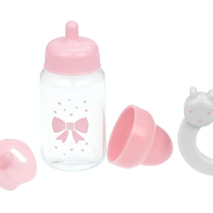 JC TOYS - Set of 3 doll accessories (bottle, pacifier and rattle), pink and white, fits all dolls up to 50 cm, +2 years old