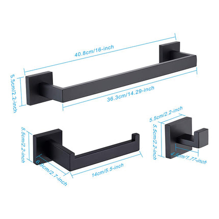 TASTOS 3-Piece Bathroom Hardware Set Matte Black Wall Mounted Bathroom Accessory Set, Premium Stainless Steel Robe Hook Toilet Paper Holder 16-Inch Towel Bar (Black)