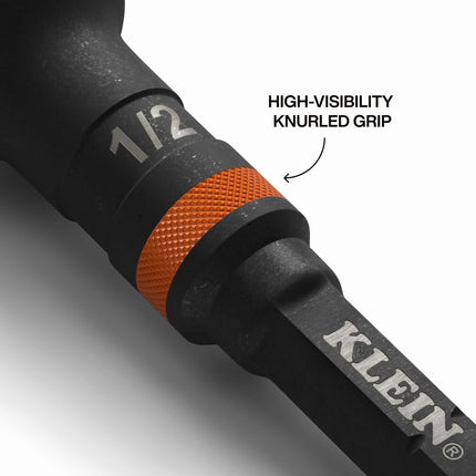 Klein Tools 65030A 3-Piece Impact Driver Socket Adapter Set, 3-Inch Quick-Connect Extensions, Knurled Grip, High-Visibility, 1/4, 3/8, and 1/2-Inch Square Drive Adapters