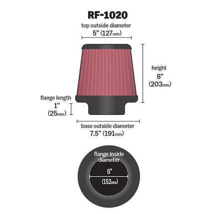 K&N Universal Clamp-On Air Filter: High Performance, Premium, Washable, Replacement Engine Filter: Flange Diameter: 6 In, Filter Height: 8 In, Flange Length: 1 In, Shape: Round Tapered, RF-1020