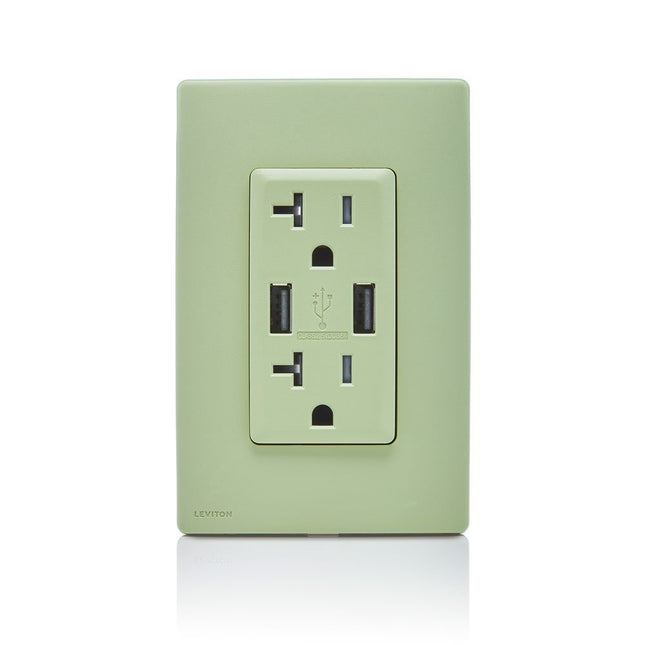 Leviton RUAA2-PS Renu Tomacorriente Dúplex a Prueba de Manipulaciones/Cargador USB, 20A-125VAC, Salvia de la Pradera