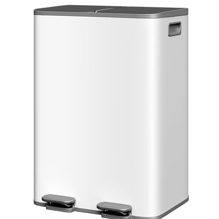 GarveeHome 2 x 8 gal Stainless Steel Double Trash Can with Lid for Kitchen, Large Dual Trash and Recycle Bin Combo, Step-on Kitchen Metal Garbage Cans, PP Inner Buckets, Liner Rim, Grayish-White