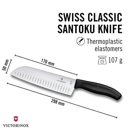 Victorinox Swiss Classic Fluted Wide Blade Santoku Knife, Black, 6.8523.17B