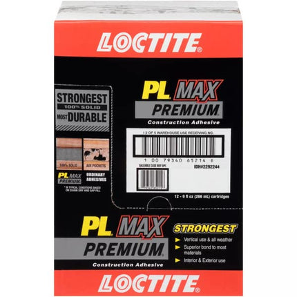 Loctite PL Premium Max Construction Adhesive, Versatile Construction Glue for Wood, Concrete, Stone & More - 9 fl oz Cartridge, Pack of 12