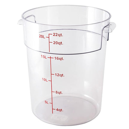 Restaurantware-Met Lux 22 Quart Food Storage Container, 1 Round Commercial Storage Container - Lid Sold Separately, with Volume Markers, Clear Plastic Food Prep Bucket, Space-Saving Storage