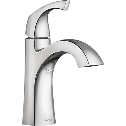 Moen Lindor 84505 Robinet de lavabo de salle de bain WaterSense à entraxe de 10 cm, 1 poignée, fini chrome, avec drain et plaque de recouvrement