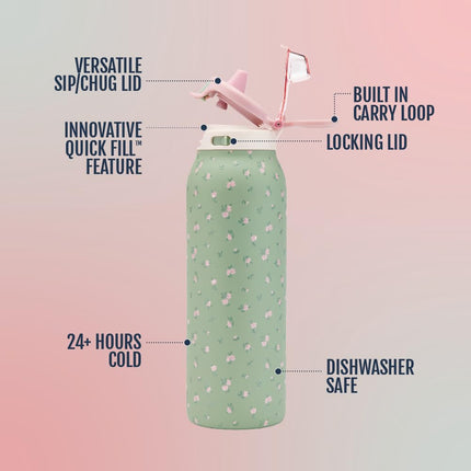 Ello Pop & Fill 32oz Stainless Steel Water Bottle with QuickFill Technology, Double Walled and Vacuum Insulated Metal, Leak Proof Locking Lid, Straw and Chug, Reusable, BPA Free, Full Bloom