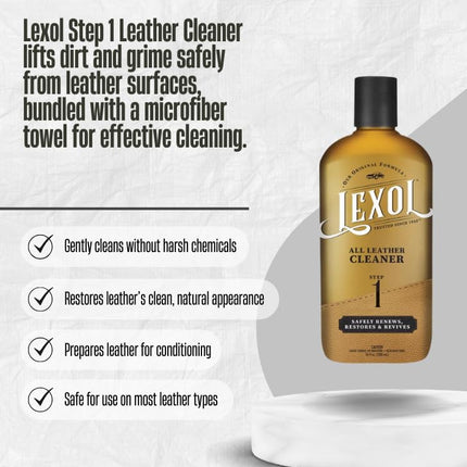 4X Lexol Step 1 Car Leather Cleaner and Conditioner 16.9 oz Liquid Bundle with Microfiber Towel – pH-Balanced Formula Safely Cleans and Prepares Leather for Conditioning – Gift Set (5 Items)
