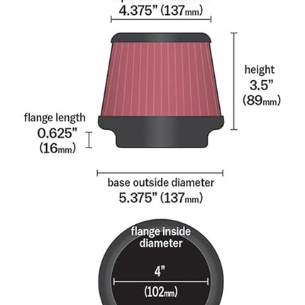 K&N Universal Clamp-On Air Filter: High Performance, Premium, Washable, Filter: Flange Diameter: 4 In, Filter Height: 3.5 In, Flange Length: 0.625 In, Shape: Round Tapered, RU-2510