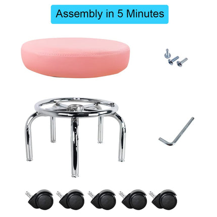 WKWKER Modern Roller Seat PU Leather Low Round Rolling Stool 360 Swivel Small Stool with Universal Caster Wheels for Home Office Garage Shop Fitness Sport H:12.4" (Pink)