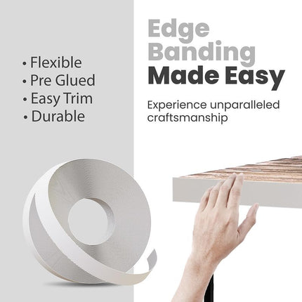 Edge Supply White Melamine 1-1/2 inch X 25 ft roll of White Edge Banding – Pre-glued Flexible Edging – Easy Application Iron-On Edging for Cabinet Repairs, Furniture Restoration (1-1/2 inch X 25 ft)