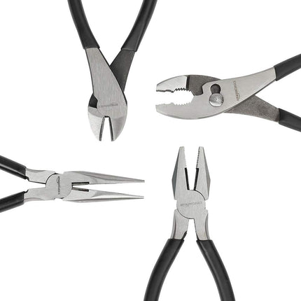 Amazon Basics Pliers Tool Set, Includes Cutting Pliers, 4 Count, Black and Silver