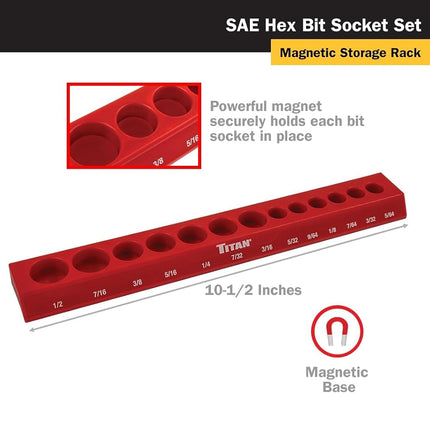 Titan 85530 13-Piece SAE Hex Bit Socket Set, Magnetic Socket Organizer with Laser-Etched Size Markings