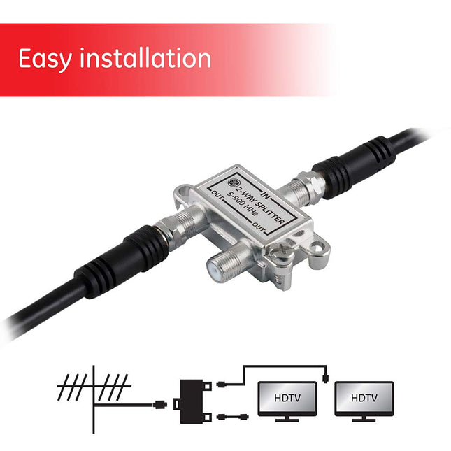 Divisor de cable coaxial GE de 2 vías, rango de 5-900 Mhz, compatible con cable coaxial RG59 RG6, audio, video, funciona con TV HD, cable, amplificadores, antenas amplificadas, níquel, resistente a la corrosión, 35046
