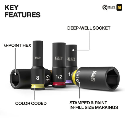 Klein Tools 65121IMPCT KNECT Deep-Well 3/8-Inch Drive Impact Socket Set, SAE and Metric, 23-Piece Tool Set, Impact Driver Adapter, Multi-Purpose Wrench Adapter, Color-Coded, MODbox Socket Organizer