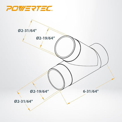 POWERTEC Conector de manguera de 2-1/2 pulgadas transparente en Y para recolección de polvo, paquete de 2 (70228-P2), transparente, 2.5 pulgadas
