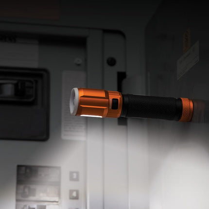 KLEIN TOOLS Rechargeable LED Flashlight with Worklight, 500 Lumens, USB Charging Cable, Pocket Clip, Battery Life Indicator, Magnetic 56412, Orange/Black