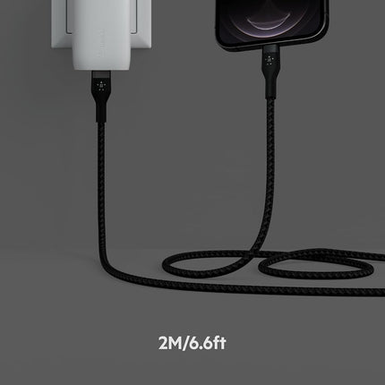 Belkin BoostCharge Pro Flex Braided USB Type C to Lightning Cable (2M/6.6ft), MFi Certified 20W Fast Charging PD Power Delivery for iPhone 14/14 Plus, 13, 12, Pro, Max, Mini, SE, iPad and More - Black