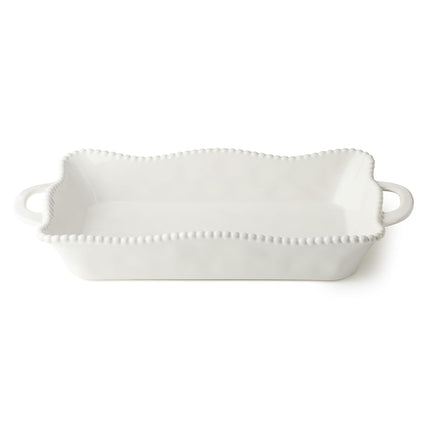 Perlette Cream Large Rectangular Ceramic Baker – 19 x 10 Inch Scalloped Oven-to-Table Stoneware Bakeware with Beaded Rim – Elegant Farmhouse Bake Dish for Lasagna, Casseroles, and Hosting