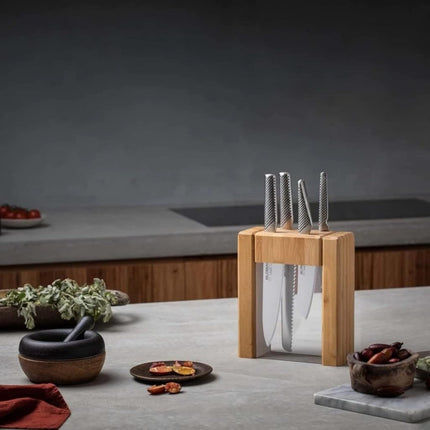 Global Ikasu V 5-Piece Knife Block Set, Made in Japan, Bamboo Storage Block,Silver