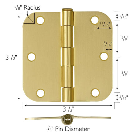 Design House 181404 3.5 x 3.5 5/8 Radius Door Hinge, 10-Pack, Satin Brass, 10 Pack