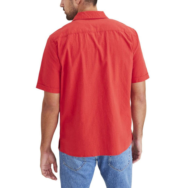 DOCKERS Men's Regular Fit Short Sleeve Camp Collar Shirt, (New) Cherry Bomb Red - Solid (Seersucker), Medium