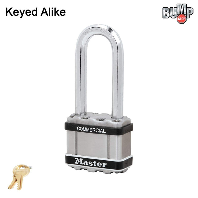 Master Lock Magnum Padlock - 2" W x 2-1/2"L Shackle, One (1) Keyed Alike Lock M5NKALJSTS w/BumpStop Technology