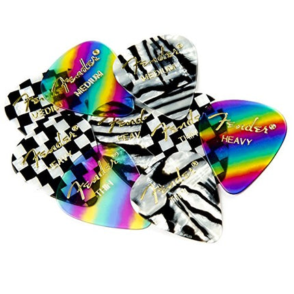 Fender 351 Shape Graphic Picks (12 Pack) for electric guitar, acoustic guitar, mandolin, and bass, 351 - Heavy, Multicolor (Zebra)