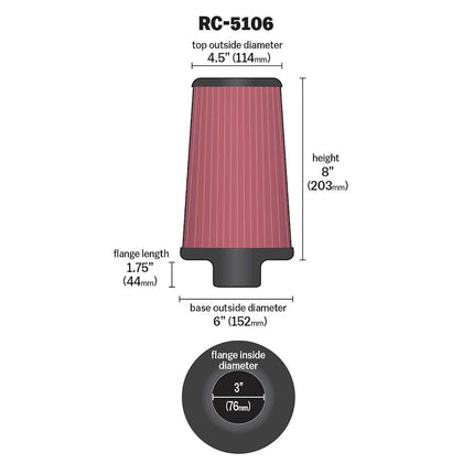 K&N Universal Clamp-On Air Filter: High Performance, Premium, Washable, Filter: Flange Diameter: 3 In, Filter Height: 8 In, Flange Length: 1.75 In, Shape: Round Tapered, RC-5106
