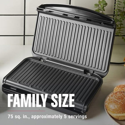 George Foreman - Family size Panini grill and press, non-stick ceramic coating, grease removal slope, angle adjustable, indoor and outdoor use