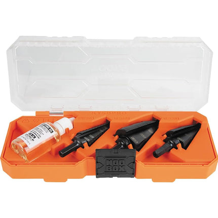 Klein Tools KTSBSPRO Premium 3-Piece Electrician's Step Bit Set with Cutting Oil, Modular Case, 3/8-Inch Hex Shank, Straight Double Fluted