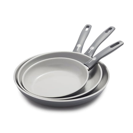 GreenPan Dover 8� 10� and 12� 3 Piece Frying Pan Skillet Set, Non-Toxic PFAS-Free Ceramic Nonstick Coating, Sear Saute Fry Egg Omlete, Dishwasher & Oven Safe, Stay Cool Handle, Easy Pour Rims, Gray