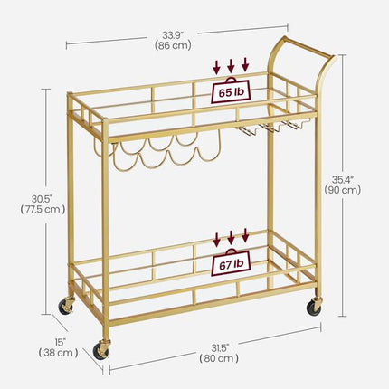 VASAGLE Bar Cart Gold, Home Bar Serving Cart, Wine Cart with 2 Mirrored Shelves, Wine Holders, Glass Holders, for Kitchen, Dining Room, Gold ULRC090A03